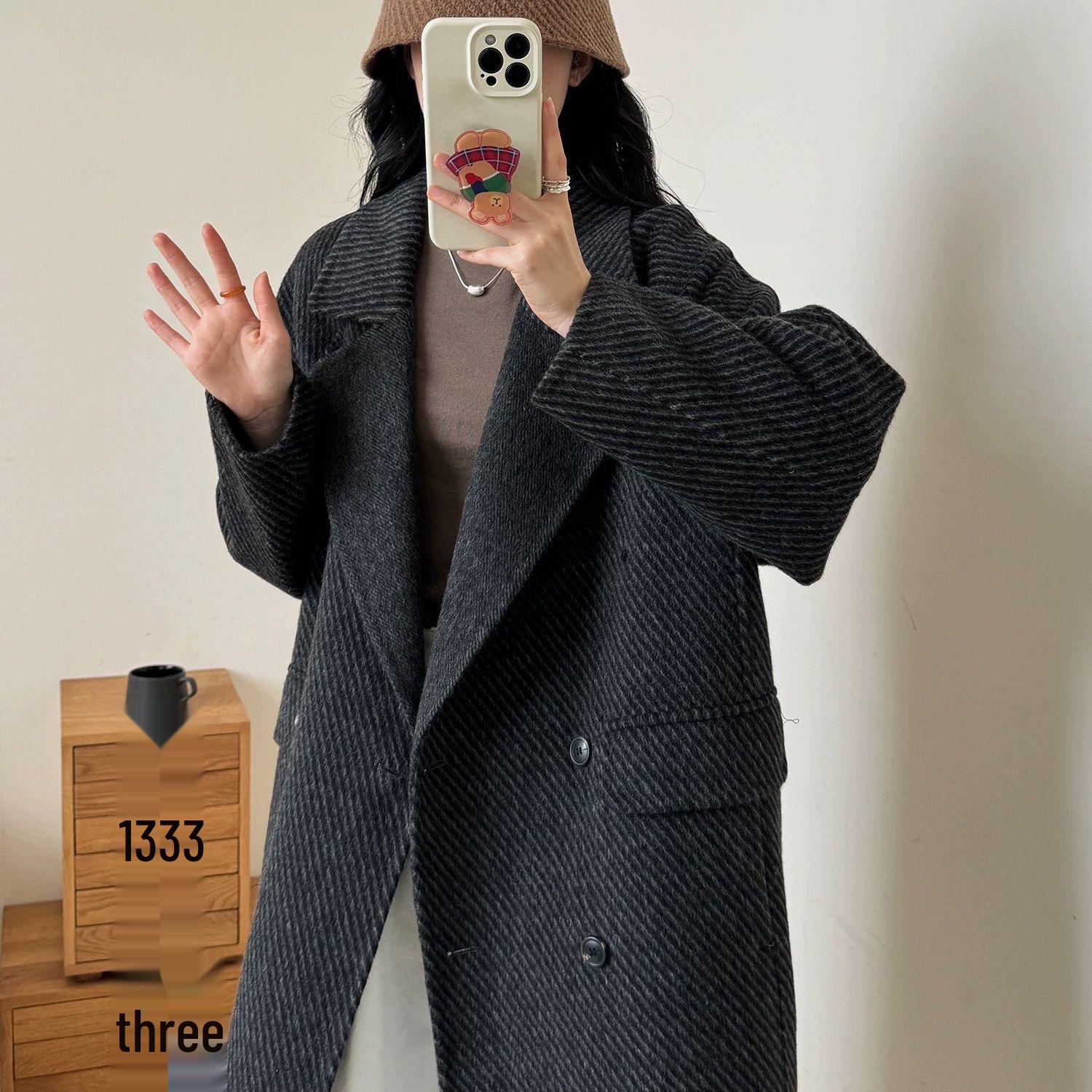 Women s Hepburn Style Herringbone Tweed Double-Sided Cashmere Wool Coat - Autumn/Winter Loose Fit S, fits 80-130 jin