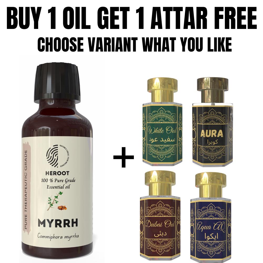 Myrrh Essential Oil 10ml for Aromatherapy & Home Fragrance get 1 Free 6 ml Attar – Aqua AQ, Dubai Oud, Aura, White Oud