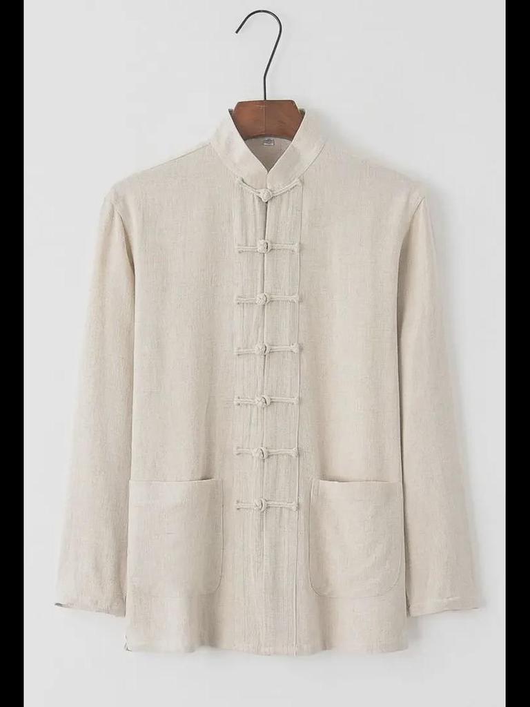 Herren Langarm Baumwolle Leinen Tang Anzug - Retro Chinesischer Stil Geknöpftes Gewand für Mittelalte und Ältere, Ideal für Tai Chi.