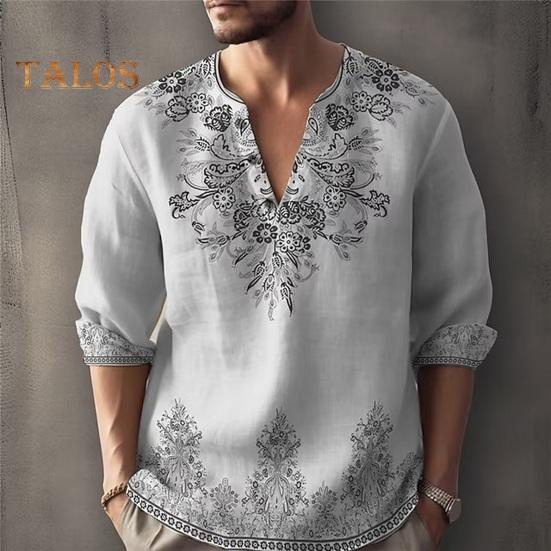 Autumn Spring Men Shirt 3D Floral Printed Loose Fit V Neck Long Sleeves Retro Style Color Matching Pullover Casual Daily Wear Top