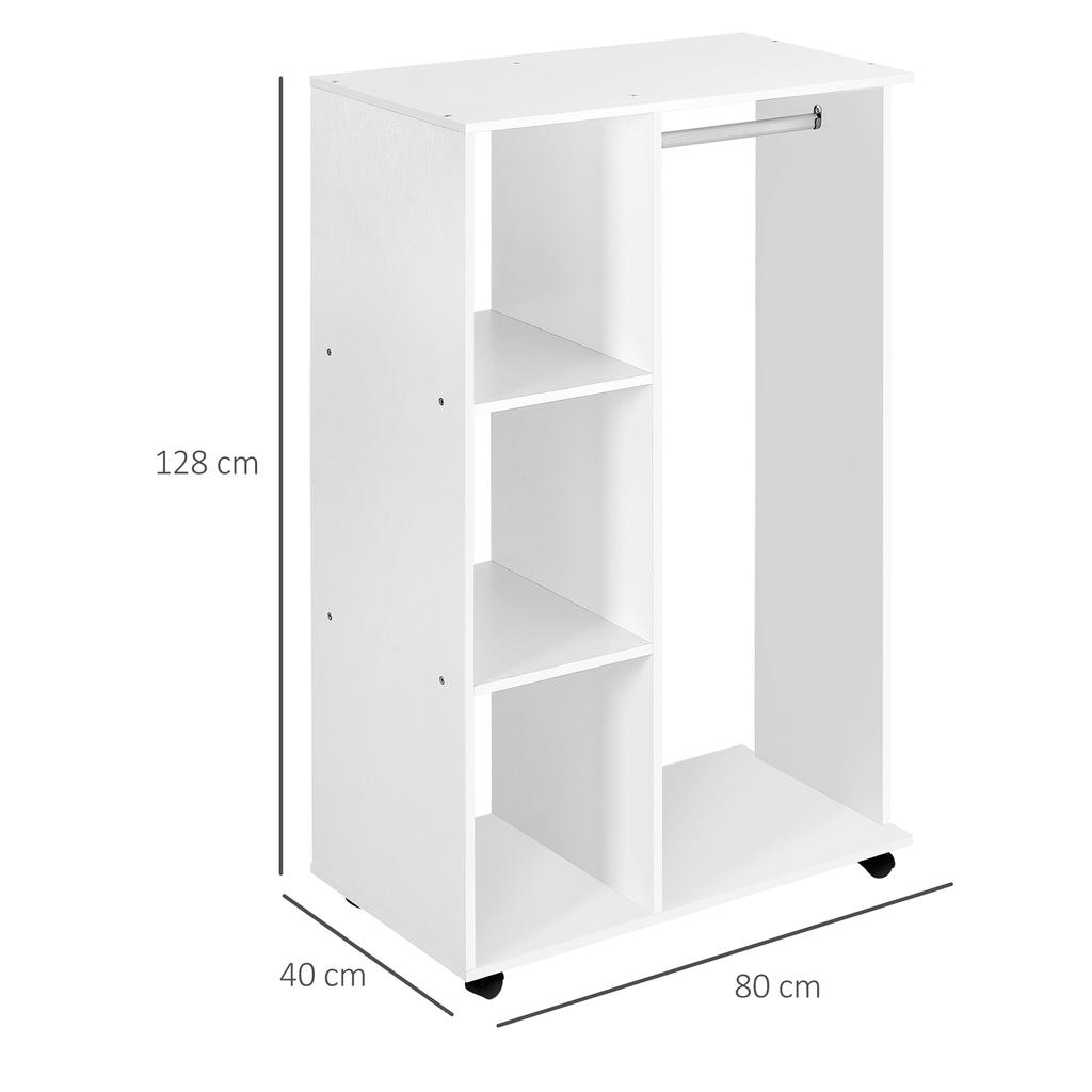 Open Wardrobe On Wheels Bedroom Wardrobe With Clothes Hanging Rail 3 Storage Shelves Mobile Garment Rack For Cloakroom Hallway White