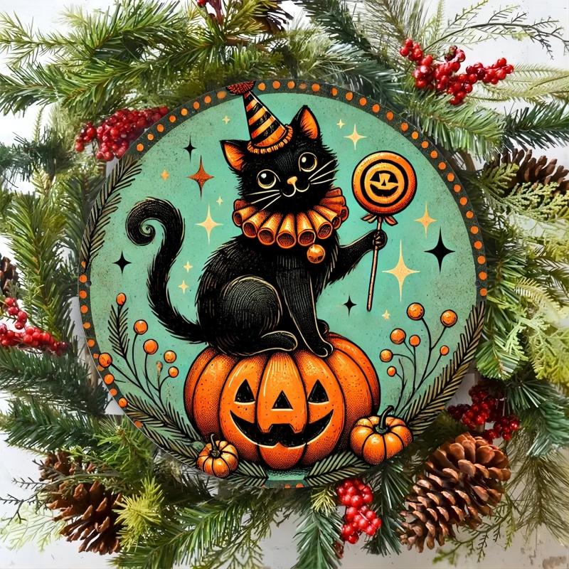 

Vintage Halloween Clown Cat Round Aluminum Sign чистый