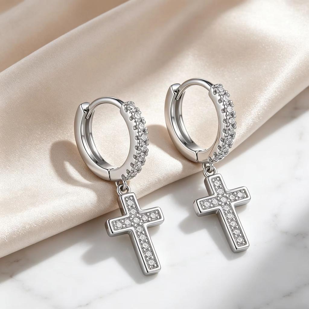 sliver Cubic Zirconia Cross Huggie Hoop Earrings for Women Sparkly Crystal Dangle Drop Earrings Punk Gothic Fashion Jewelry