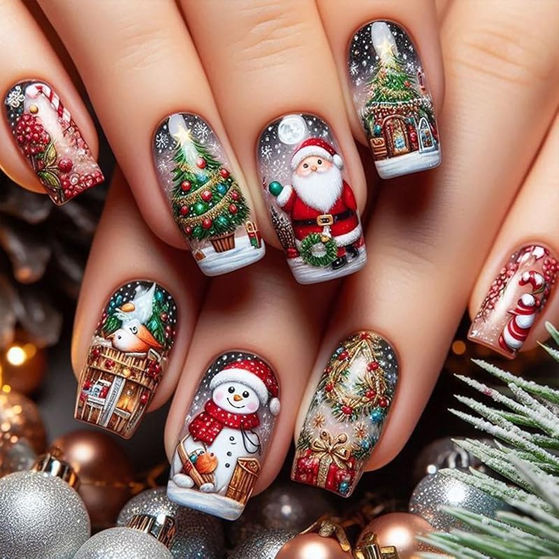 Snowflake Press on Nails Christmas Long Square Fake Nails Winter Snowman Acrylic Glue on Nail Glossy Xmas Stick on Nail for Women