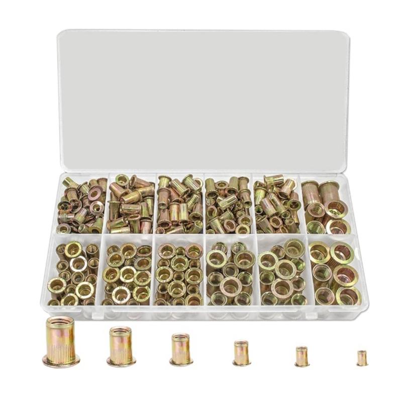 240pcs Flat Head Serrated Rivets Nut Set Galvanized Carbon Steel Nut set Carbon Steel Flat Head Rivets Nut for Fastening