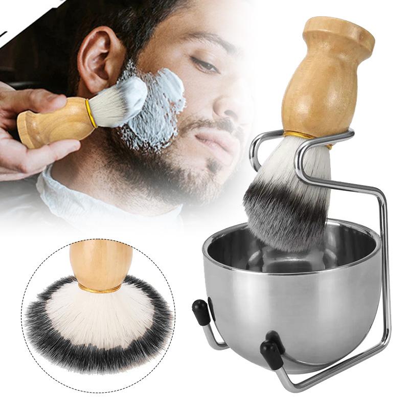 3pcs Men Shaving Brush Kit Wooden Handle Shaving Brush Stainless Steel Soap Bowl with Metal Stand Professional Face Beard Cleaning Grooming Tool Set