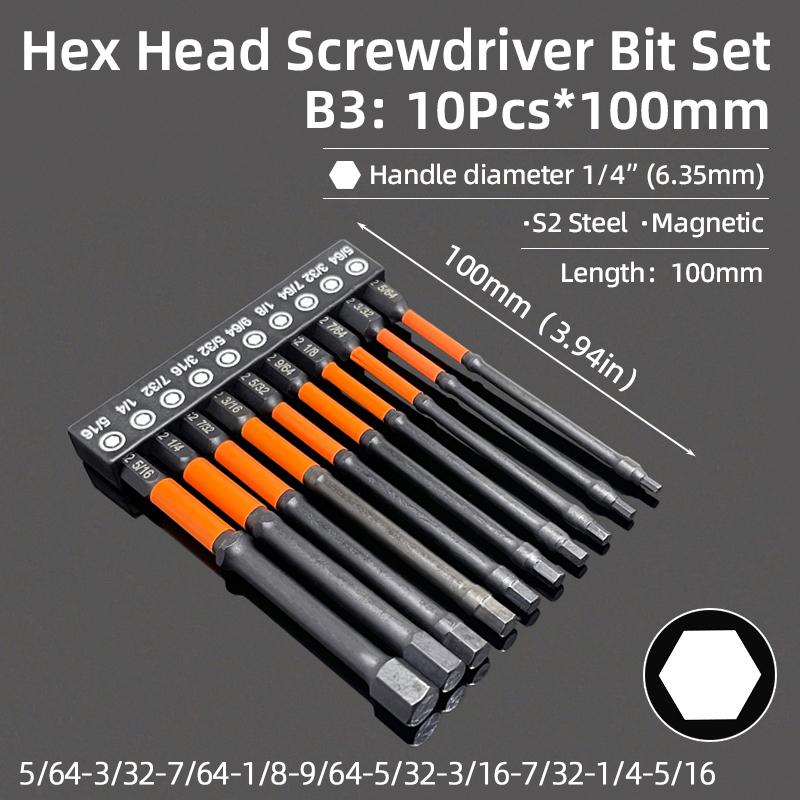 Cheie Allen cu cap hexagonal, set de biți de șurubelniță SAE metrice, 1/4" cu coadă hexagonală, biți de șurubelniță magnetică din oțel S2, scule de găurit electrice de mână