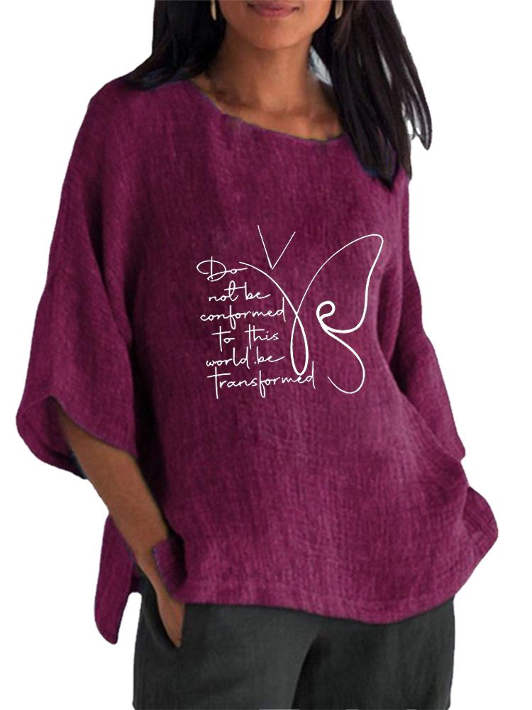 

Женская модная футболка с принтом с круглым вырезом Весенне-летний топ с рукавом 3/4 Женская хлопково-льняная блузка 5XL фиолетовый