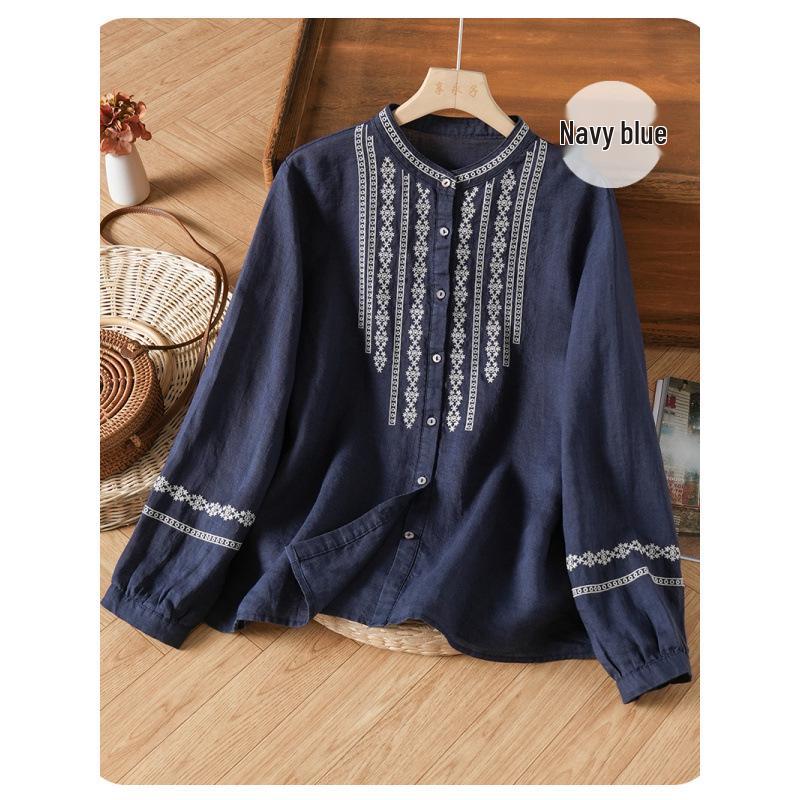2026 Spring/Autumn Women's Retro Embroidered Cotton Linen Long-Sleeve Shirt