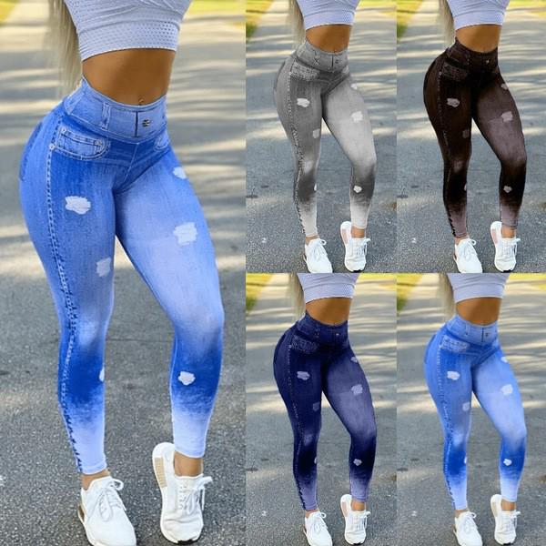 

High Waist Faux Denim Ripped Pocket Stretch Leggings Medium