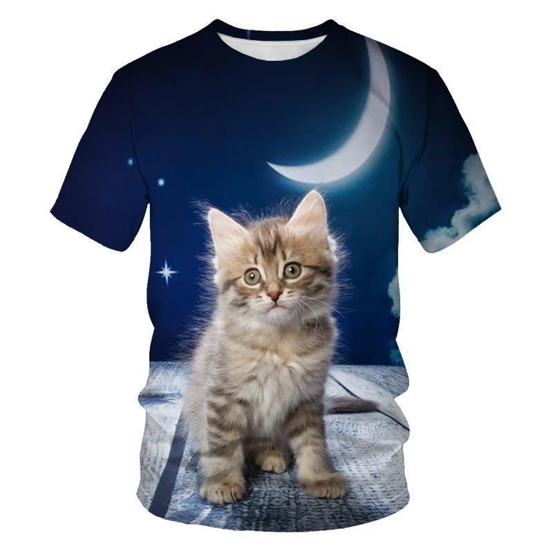 Cute Cat Pattern 3D Printed Adult Round Neck Fun Pet Unisex Short Sleeved T-shirt