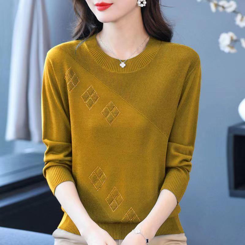 Fall Winter Women's Plus Size Sweater Long Sleeve Loose Crew Neck Knitwear Sweater Rhinestone Pullover Knit Top Stretch Jumper