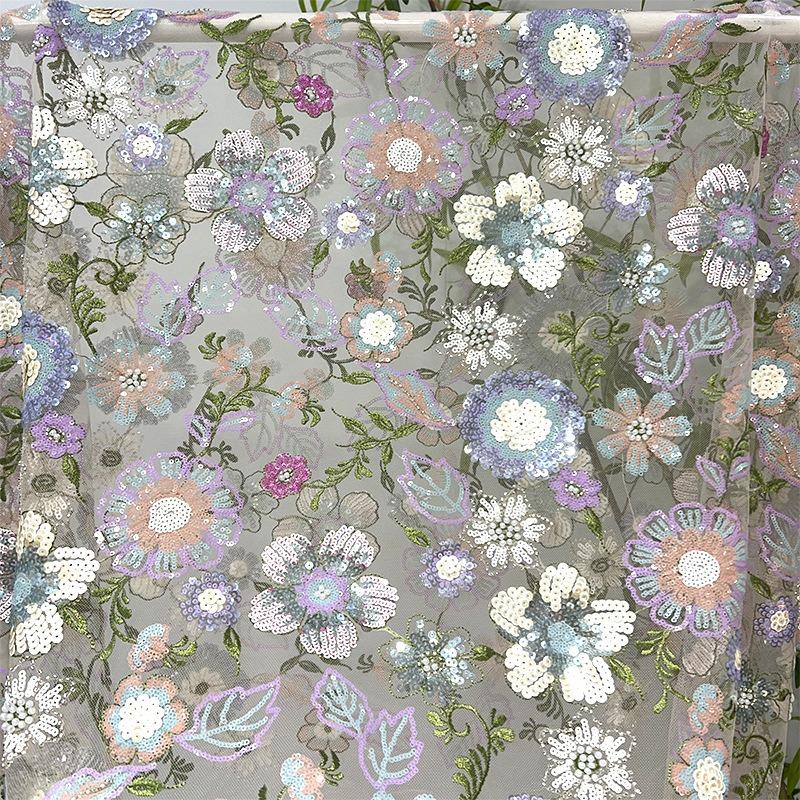 Floral Sequin Bead Embroidery Fabric Lace Tulle Fabric for DIY Sewing Girl Dress Party Dress Wedding Dress Handmade Fabric