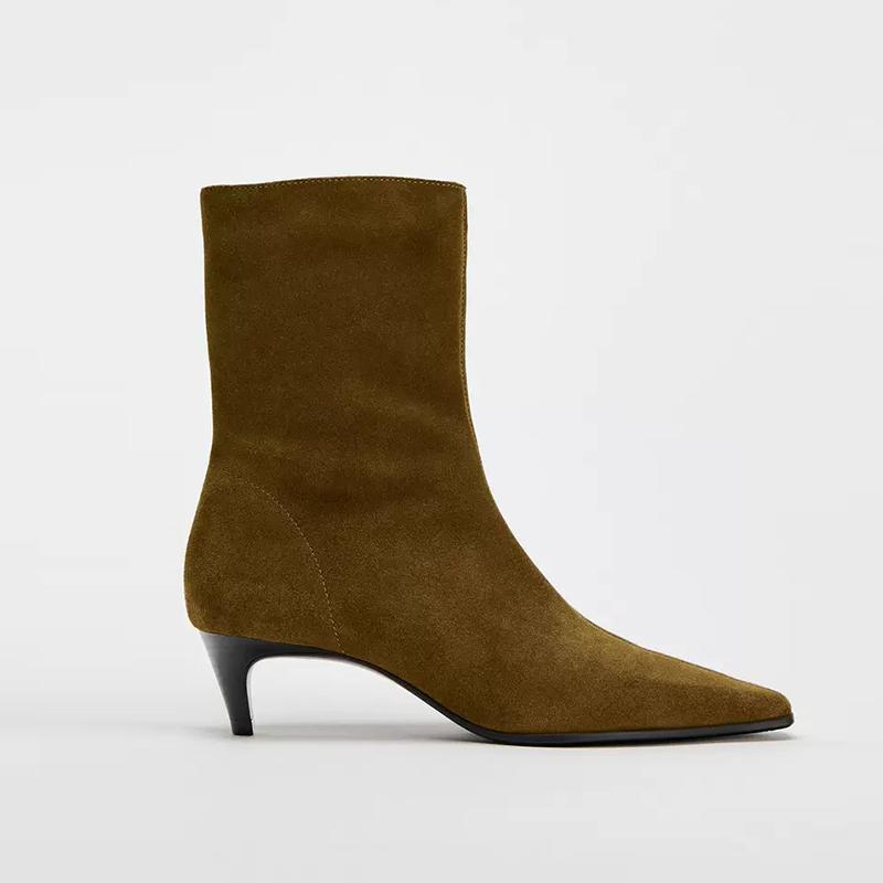 Mode Damskor Naturligt Mockaläder Slip-on Hög Klack Höst Ankelstövlar Fyrkantig Tå Casual Dam Högkvalitativa Stövlar Skor Kvinna