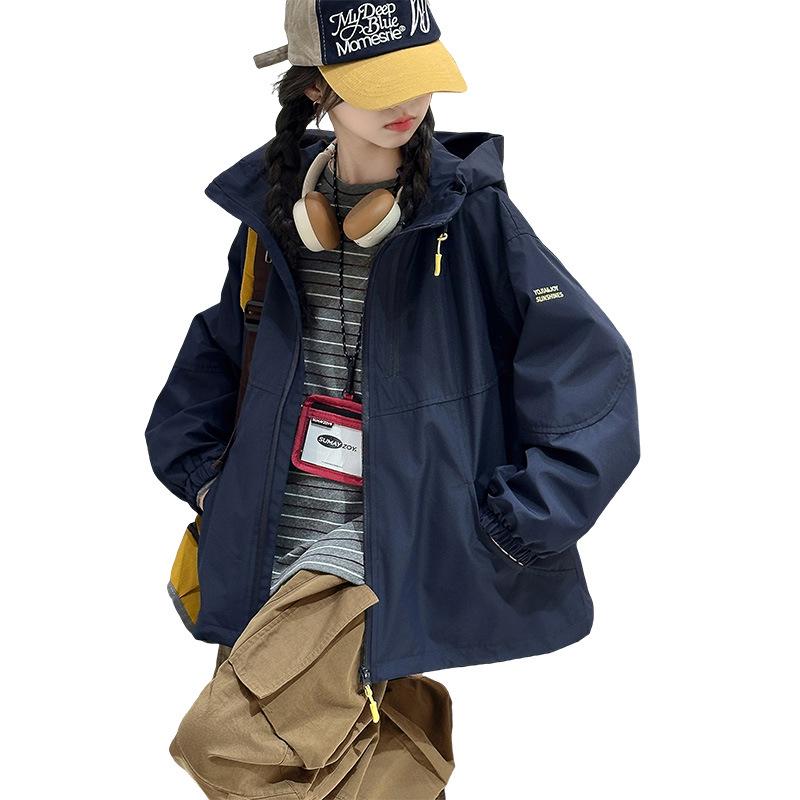 

Girls Double Zipper Hooded Windbreaker - Autumn 2025 Korean Style Casual Sports Jacket for Big Kids 140 cm темно-синий