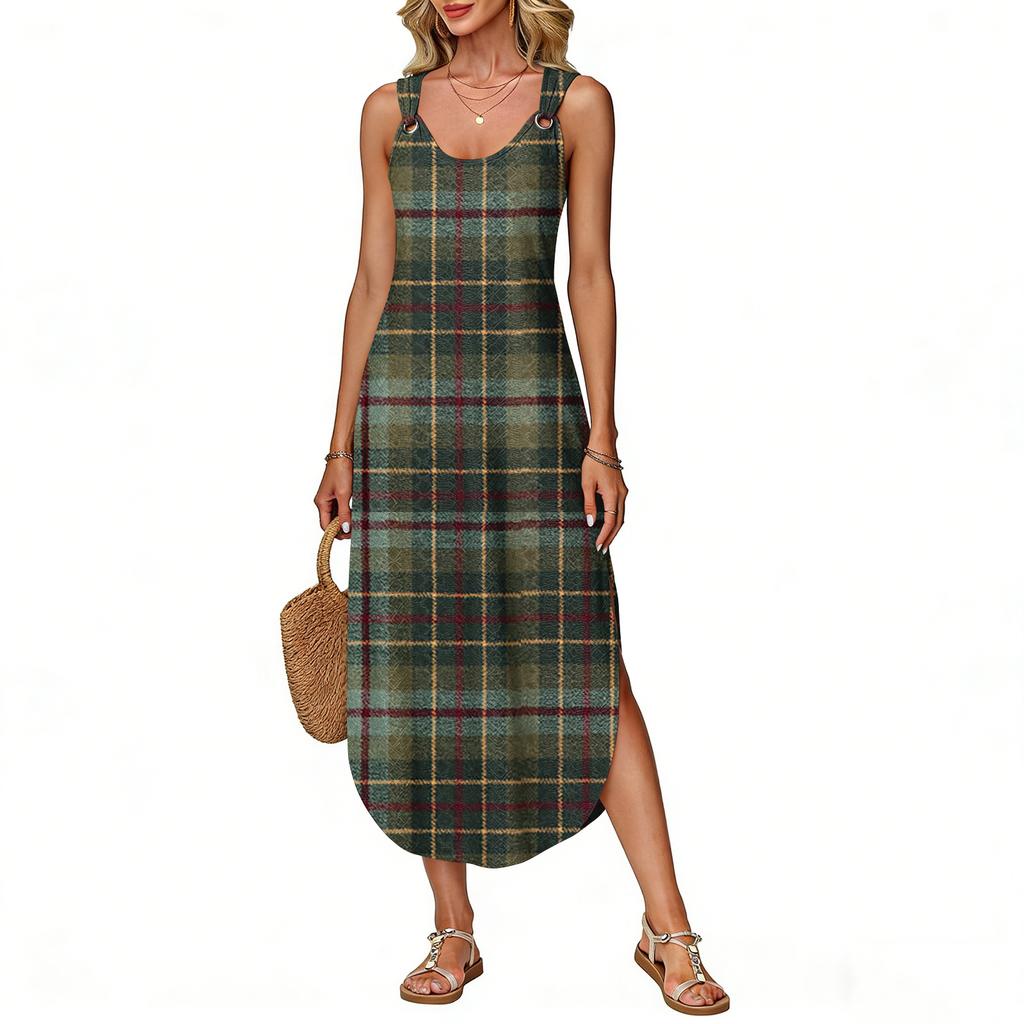 Women's Summer Long Dress, Sleeveless with Side Slits, Long Plaid Printed Vest Dress