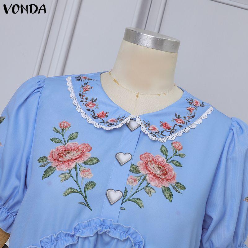VONDA Women Short Sleeve Ruffle Floral Print Casual A-Line Mini Dress