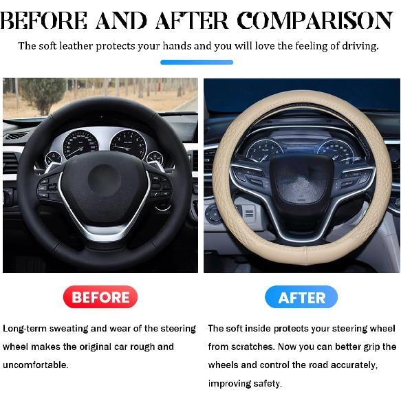 AUCELI Car Steering Wheel Cover, 14 1/2-15 Inch Non-Slip Soft Breathable Leather Automotive Steering Wheel Protecteor, Vehicle Accessories For Men