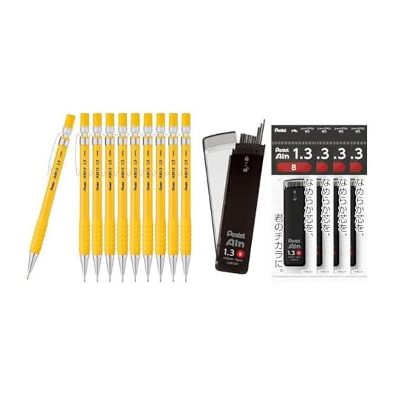 Pentel AMAIN Sharp Mechanical Pencil, 1.3mm, Yellow, 10-Pack with Pentel Ain 1.3mm B Lead Refills, 5 Tubes