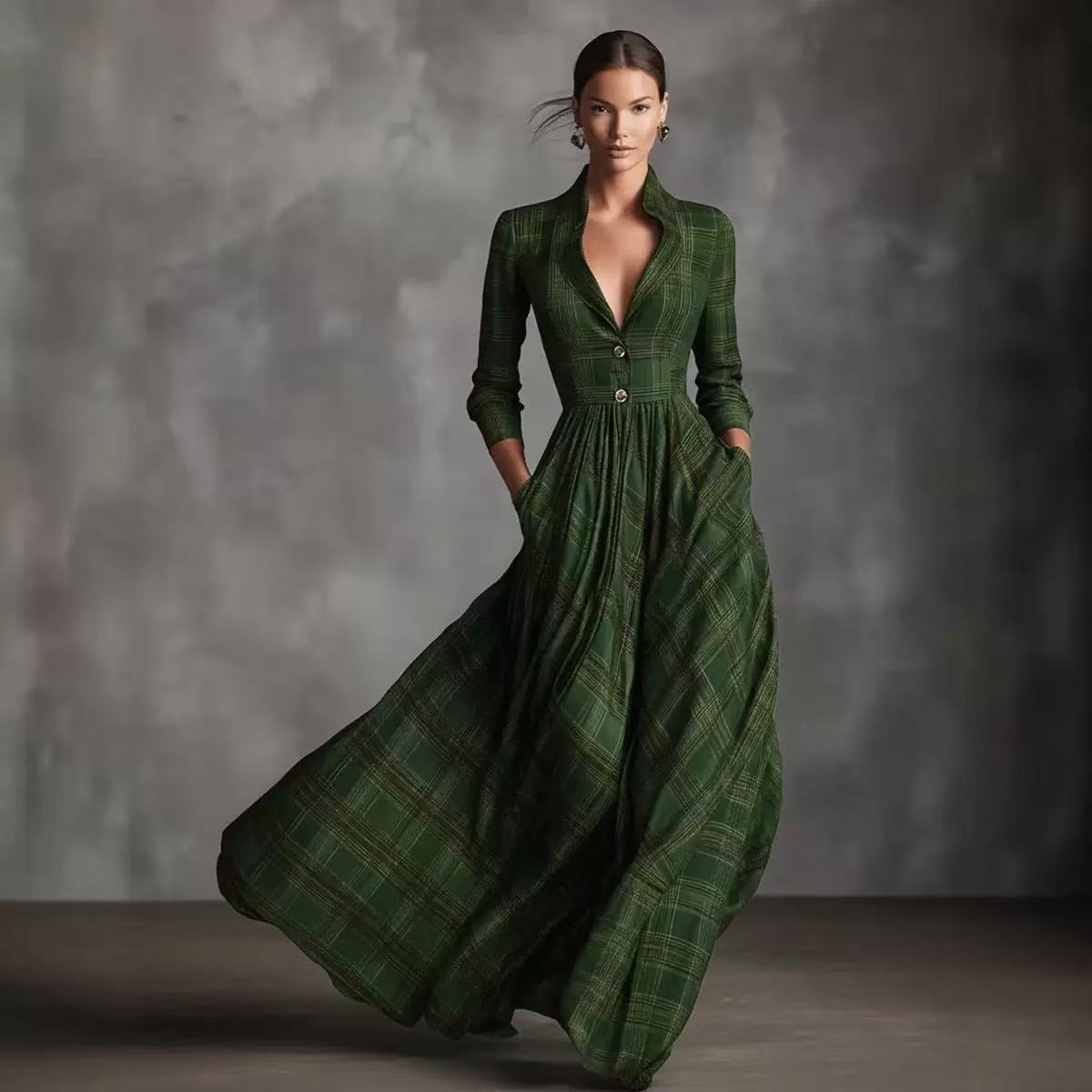 

Women s Clothing European and American Retro Plaid Long-sleeved Thin Waist Long Dress XXL зелений