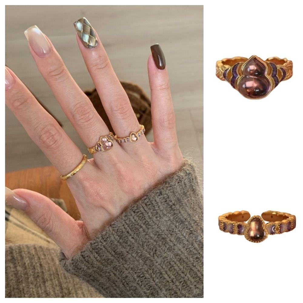

Exquisite Vintage Rings Lucky Metal Open Rings Temperament Enamel Finger Ring Ladies Big Gourd
