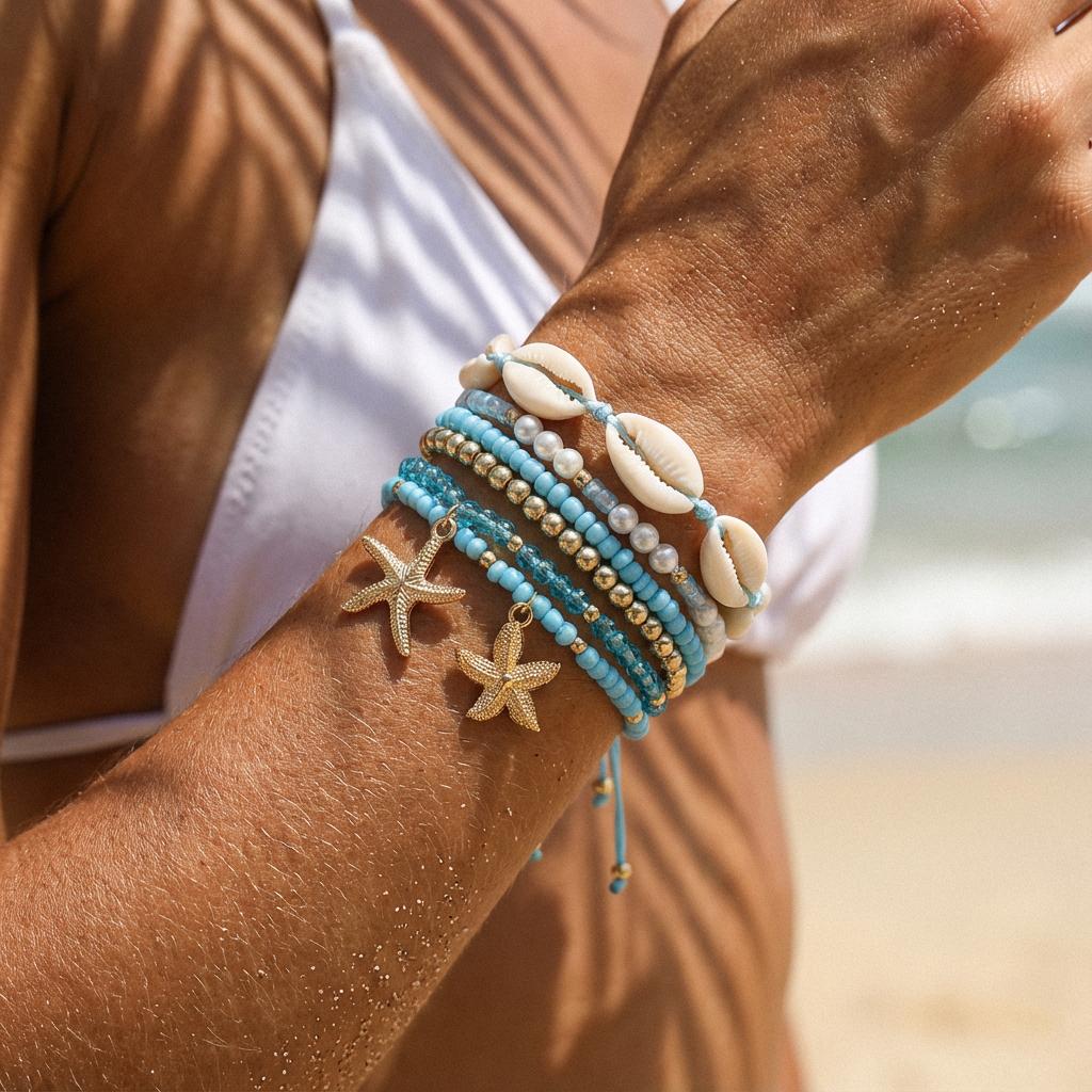 7 Pezzi Bohemia Multistrato Stile Oceano Stella Marina Conchiglia Perline Braccialetti Per Donne Vacanza al Mare Catena Elastica Bracciale Gioielli