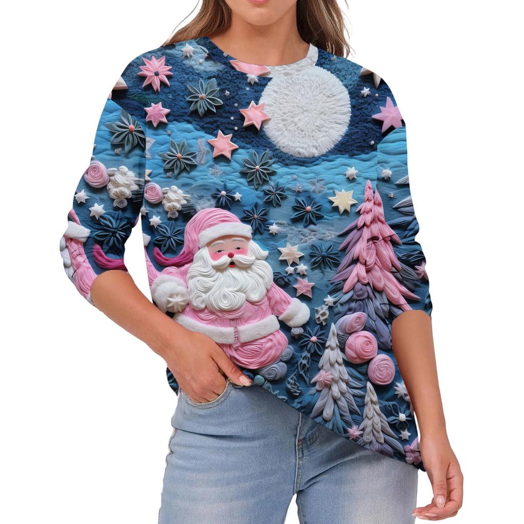 Women's Fashion Casual Christmas Print Round Neck Solid Color Long Sleeve Top