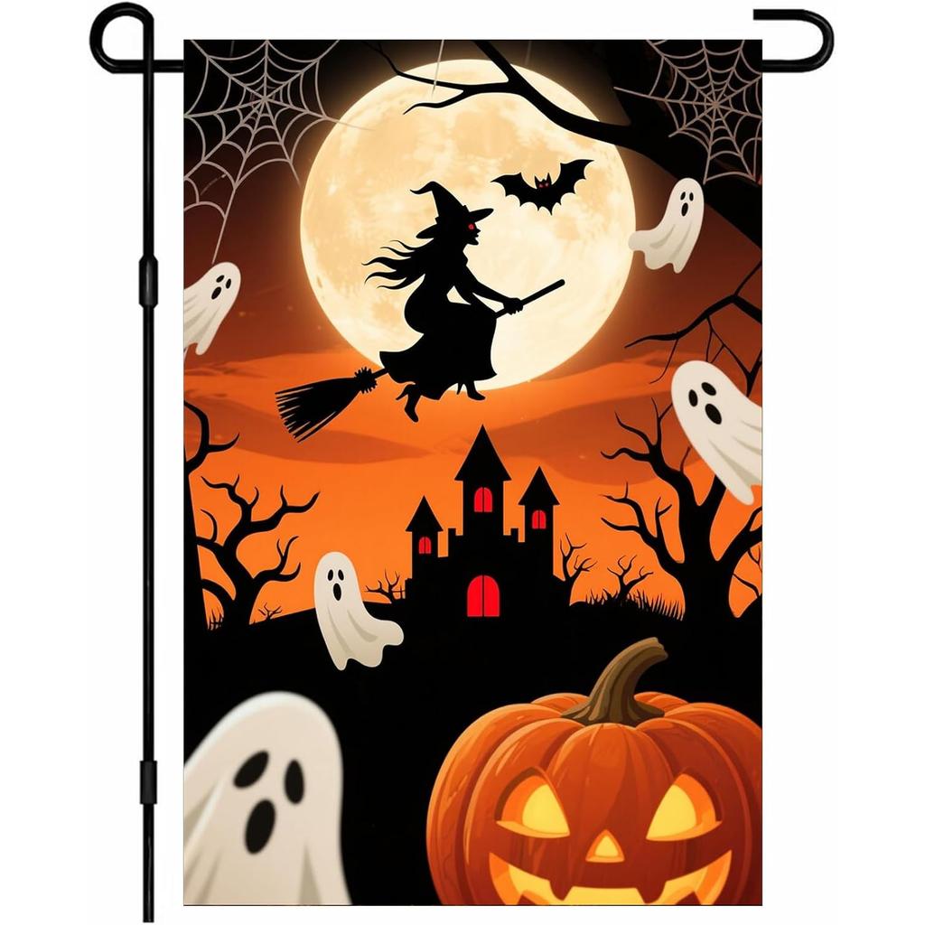 Halloween Garden Flag Double Sided Flying Witch Pumpkin Haunted Castle Spooky Moon Night Fall Yard Flag Outdoor Holiday Banner Halloween Porch Lawn S