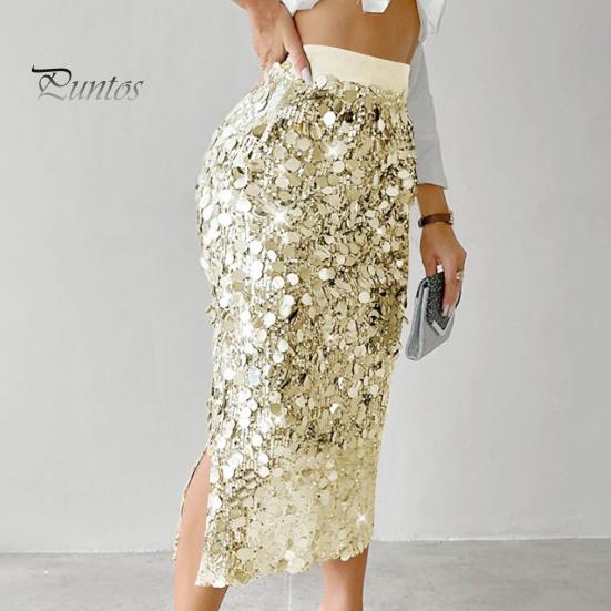 High-waisted Skirt Women High Waist Sexy Hip-Hugging Sequin Glitter Solid Midi Color Mid-calf Length Hip Wrapped Slimming Design Wedding Clubwear