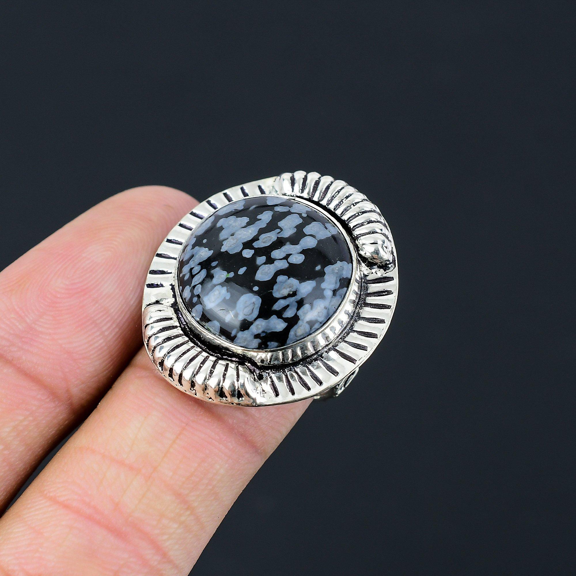 Sterling Silver Round Natural Snowflake Obsidian Solitaire New Ring Jewelry US 8 8