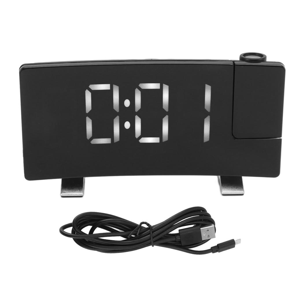 Radio Projection Alarm Clock LED Display Electronic Clock Curved Screen Digital Alarm Clock Black