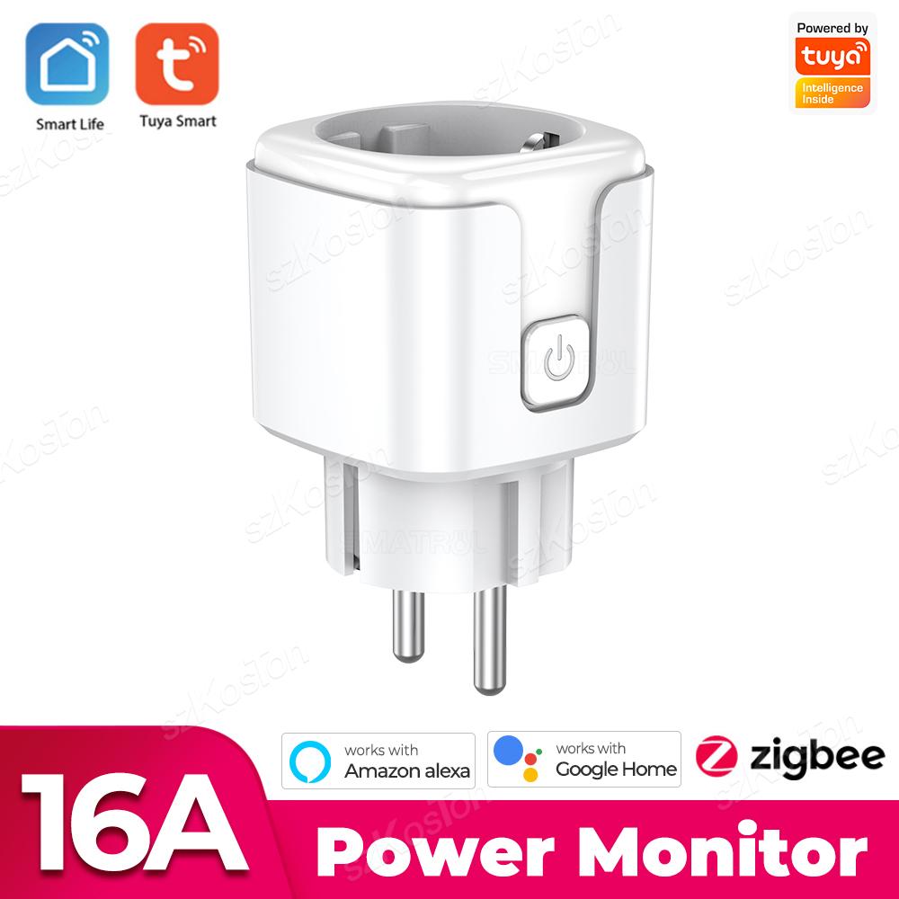 

ЄС 16A Tuya ZigBee Розумна вилка Розумна розетка для побутової техніки з монітором живлення Голосове керування Розетка Працює з Alexa Google