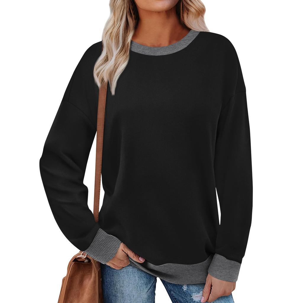 Women's Spring And Autumn Sports Shirt Round Neck Long Sleeve Loose Top Color Blocked Ribbed Edge Fashionable