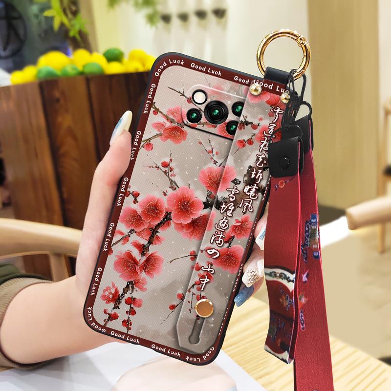 Lanyard Protective Phone Case For Xiaomi Poco X3 NFC/X3 Pro Wristband Back Cover Chinese Style Silicone Phone Holder