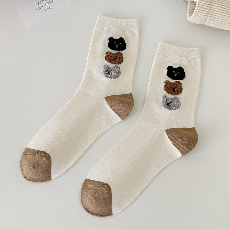 Socks Coffee Color Cute Bear Medium Tube Socks Season College Style Pure Cotton Bow Stacking Socks Women