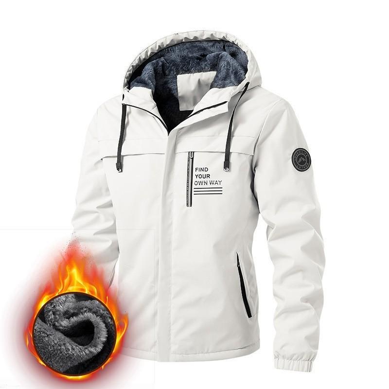 Men's Outdoor Windbreaker Jacket - Fleece Lined Hooded Coat for Autumn/Winter, Solid Color