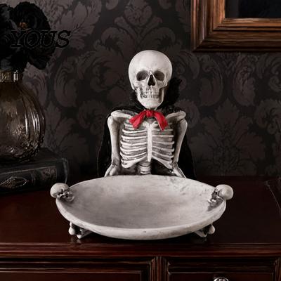 Skeleton Figurine Tray Halloween Decorative Tray, Gothic Storage with Black Cape Red Skull Bow, Multifunctional Desktop Organizer for Candy