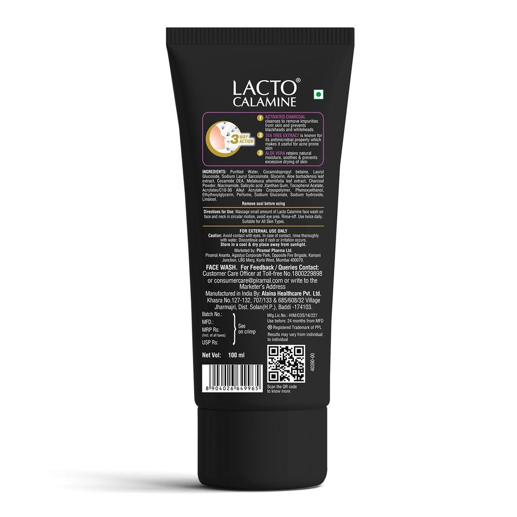 Lacto Calamine Charcoal  Activates Face Wash Aloe Vera Tea Tree Extract Deep Skin Detox 100 Ml Pack of 2