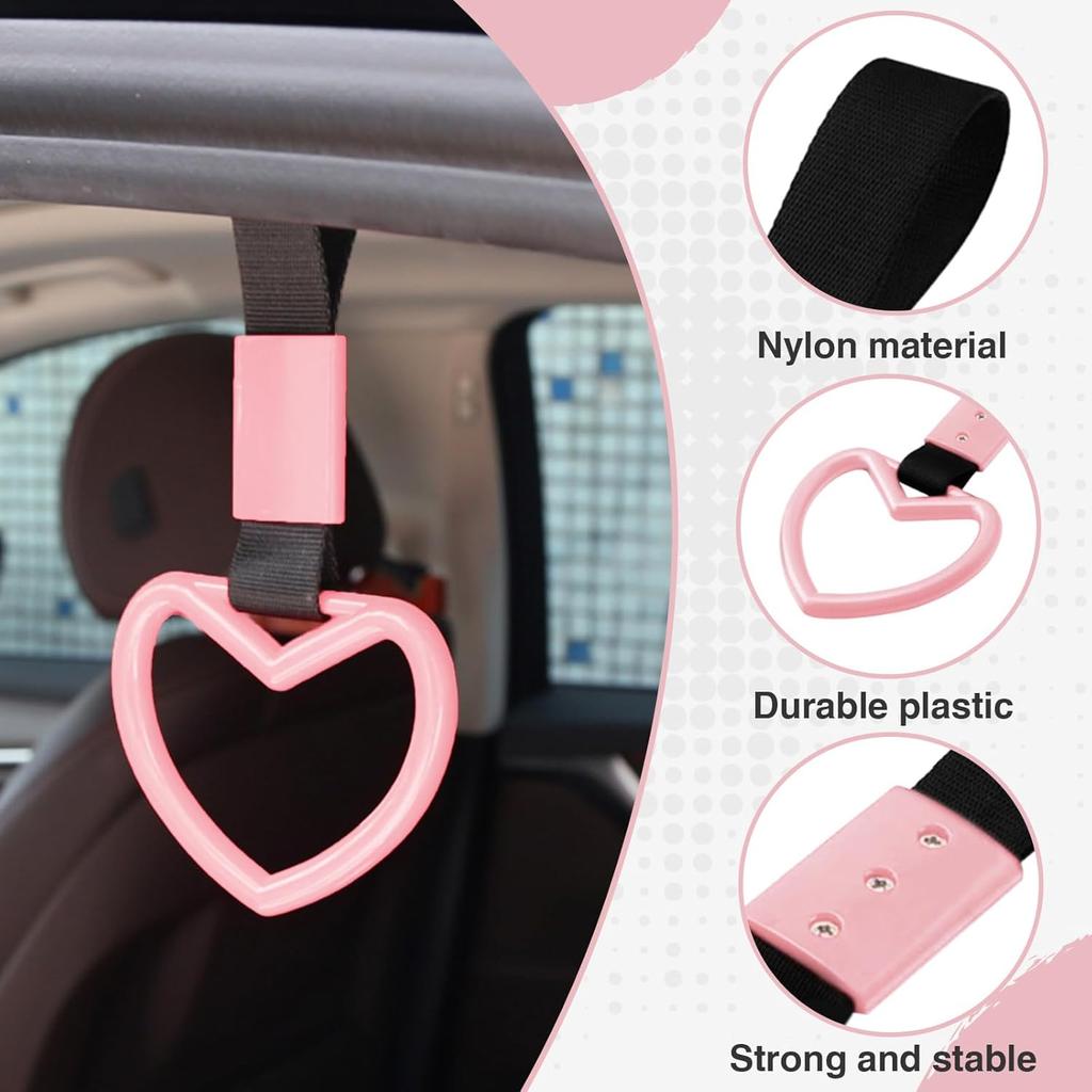 2PCS Heart Shaped Car Handle Straps, Rear Bumper Warning Keychain Ring With Drift Charm For Car Exterior Interior Accessories (Pink)