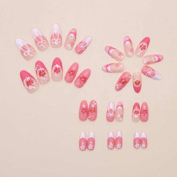 30Pcs Fashionable Press On Nail Showcasing 3D Ice Flowers And Pearls Bows For Instants Glamours