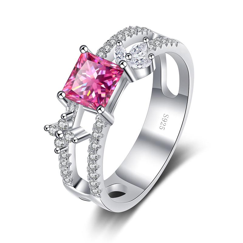 Bague Ringen Pierścionek z moissanitem o barwie D, 1 karat, szlif księżniczki, srebro S925 platerowane platyną Pt950, biżuteria dla kobiet, na ślub