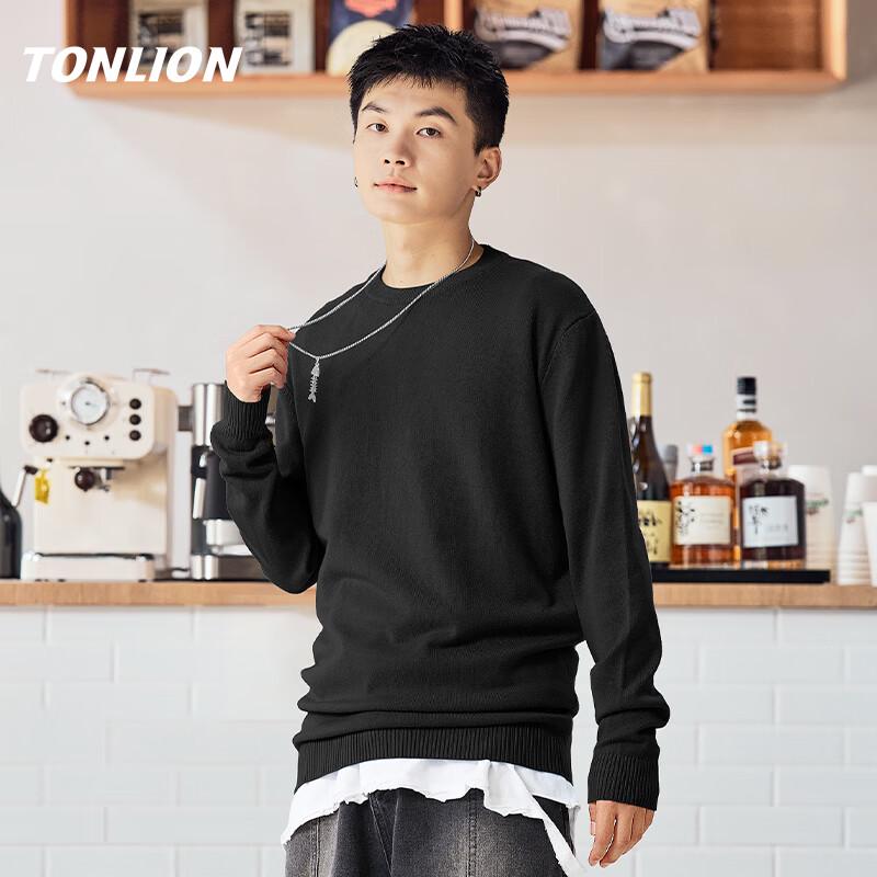 TonLion Men's Double-Strand Heavy Knit Round Neck Pullover Sweater