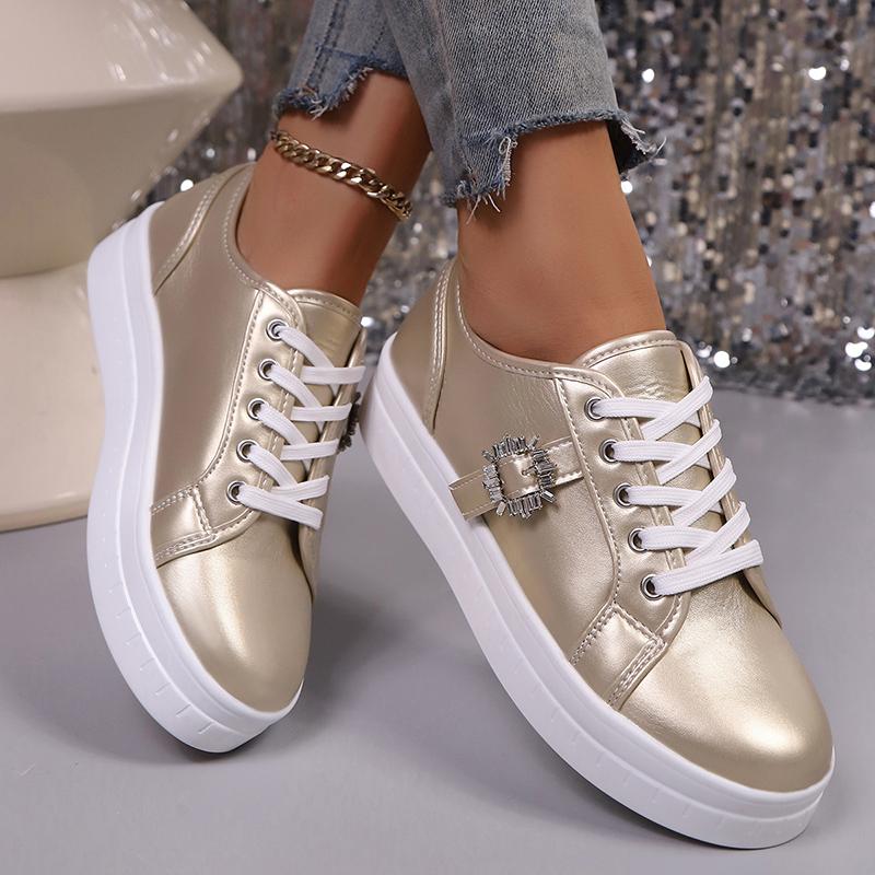 Fashion Women's Fashion Sneakers Gold Silver Low Top Casual Sports Shoes Women Metal Decor Comfortable Non Slip Walking Shoes Plus Size