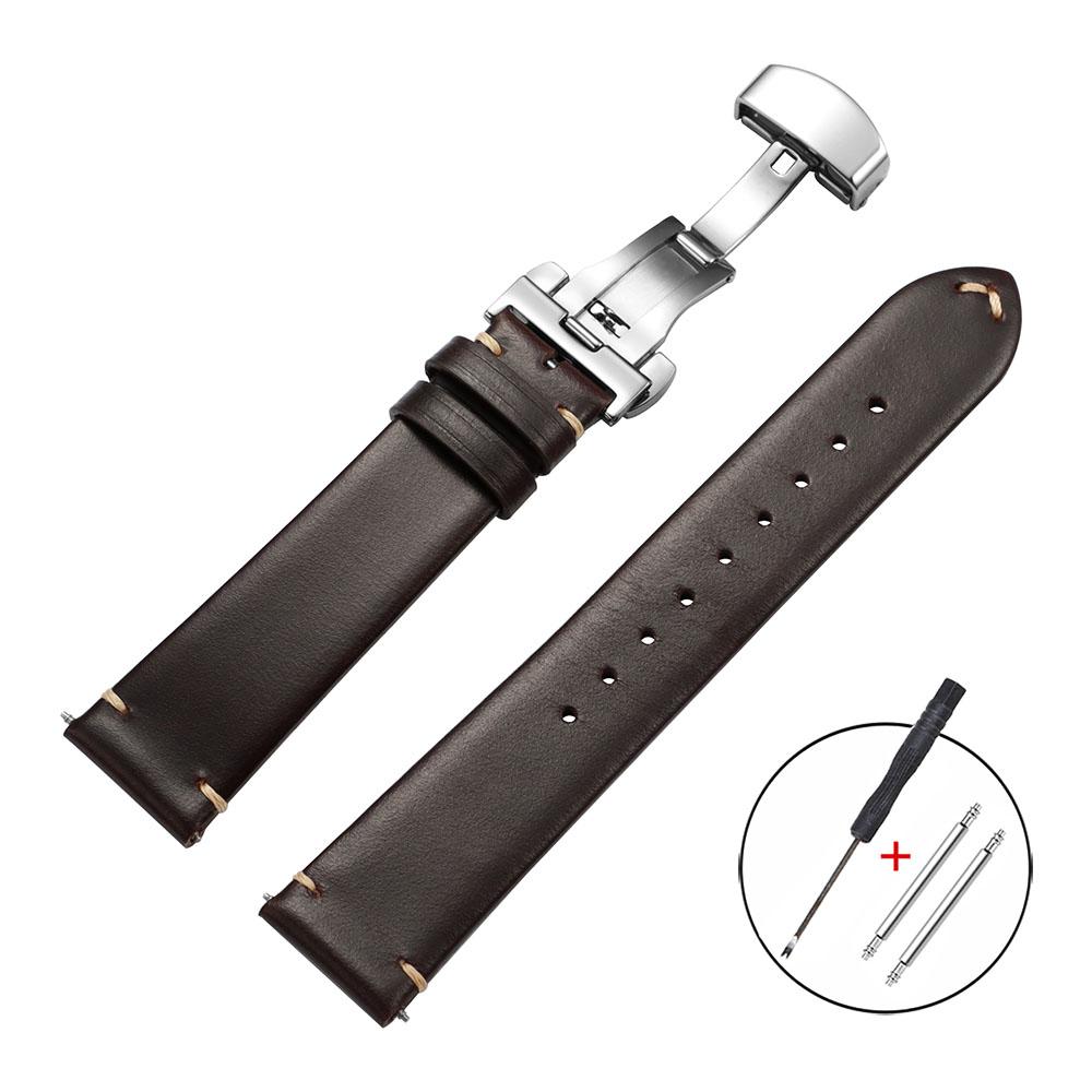 

Vintage Calf Leather Watchband 18mm 20mm 22mm for Omega Butterfly Buckle Watch Strap for Huawei Watch GT 4 3 Soft Wrist Bracelet 22mm&Silver Buckle темно-коричневого кольору