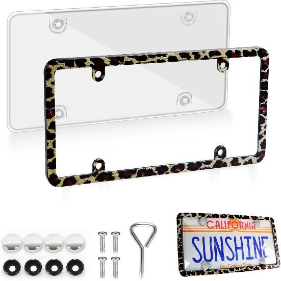 2pcs License Plate Protector Unbreakable License Plate Covers and Frames Set Front and Rear Clear License Plate Cover n Flag License Plate Frames цветной печати леопарда