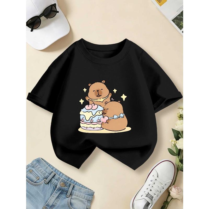 European sizes Children's Summer Short-Sleeve T-Shirt, Cartoon Print Top for Girls, Featuring a Cute Design, Suitable for Outings and Daily