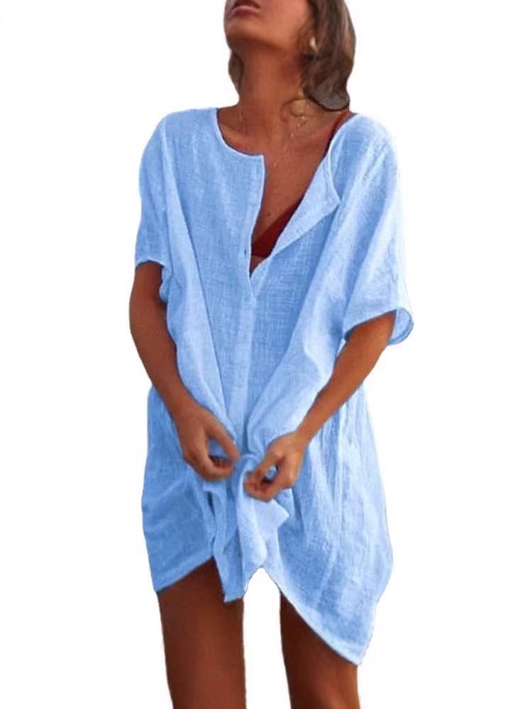 European & American Women's Solid Color Loose Mid-Length Summer Shirt