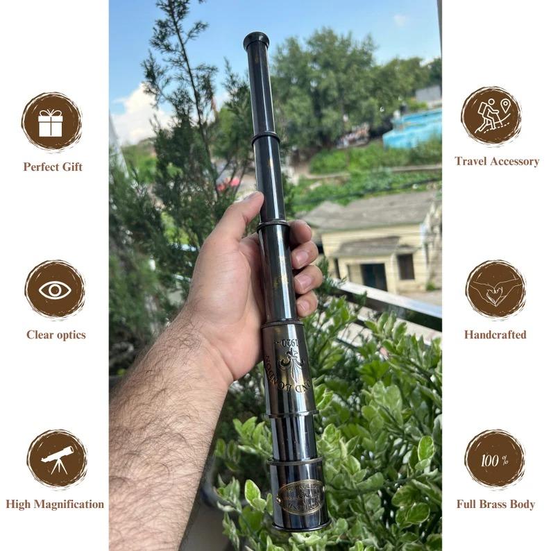 Brass Telescope Engraved Spyglass – Pirate Style Vintage Nautical Telescope for Collectors & Decor