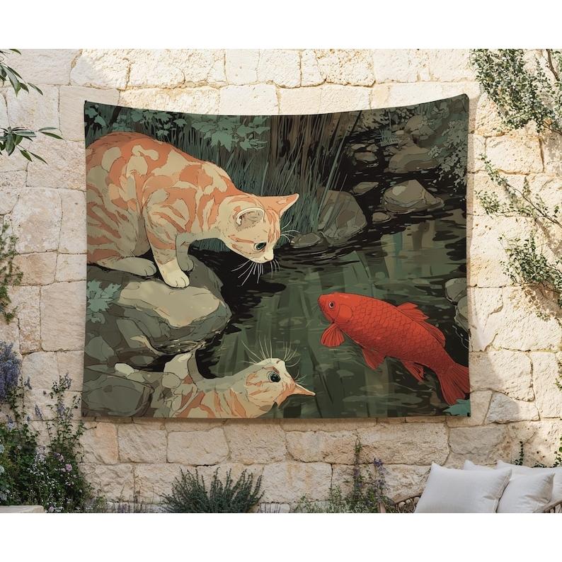 Orange tabby cat and koi fish tapestry 75x100 чёрный