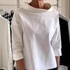 Damen Schulterfreies 3/4 Ärmel Tunika Oberteil Lockerer Schnitt Uni Baumwollmischung Lässiger Pullover Bluse
